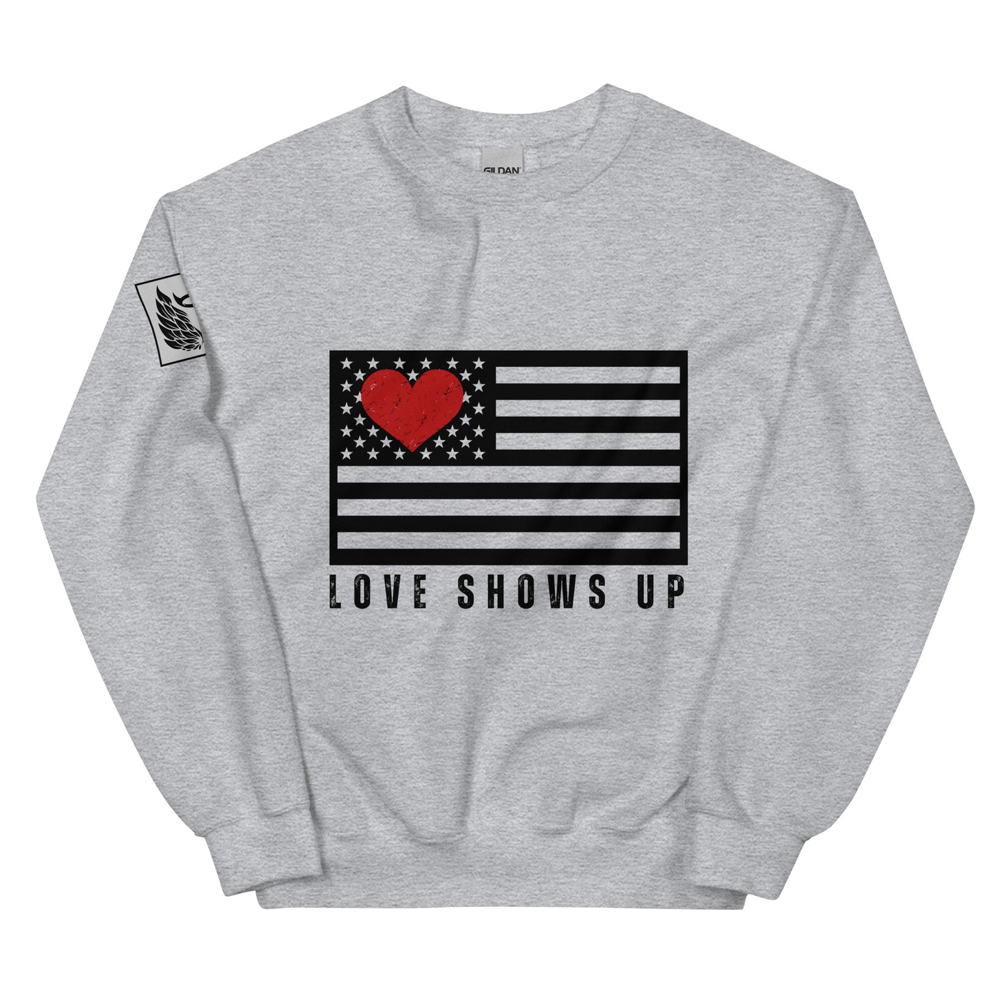 White LOVE SHOWS UP fundraising sweatshirt shirt for Hurricane Helene and Milton victims, Unisex SweatshirtUnisex Sweatshirt