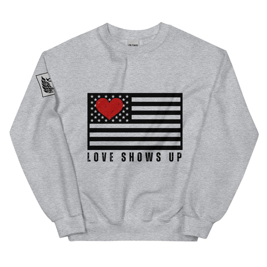 White LOVE SHOWS UP fundraising sweatshirt shirt for Hurricane Helene and Milton victims, Unisex SweatshirtUnisex Sweatshirt