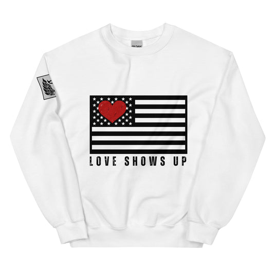 White LOVE SHOWS UP fundraising sweatshirt shirt for Hurricane Helene and Milton victims.Unisex Sweatshirt