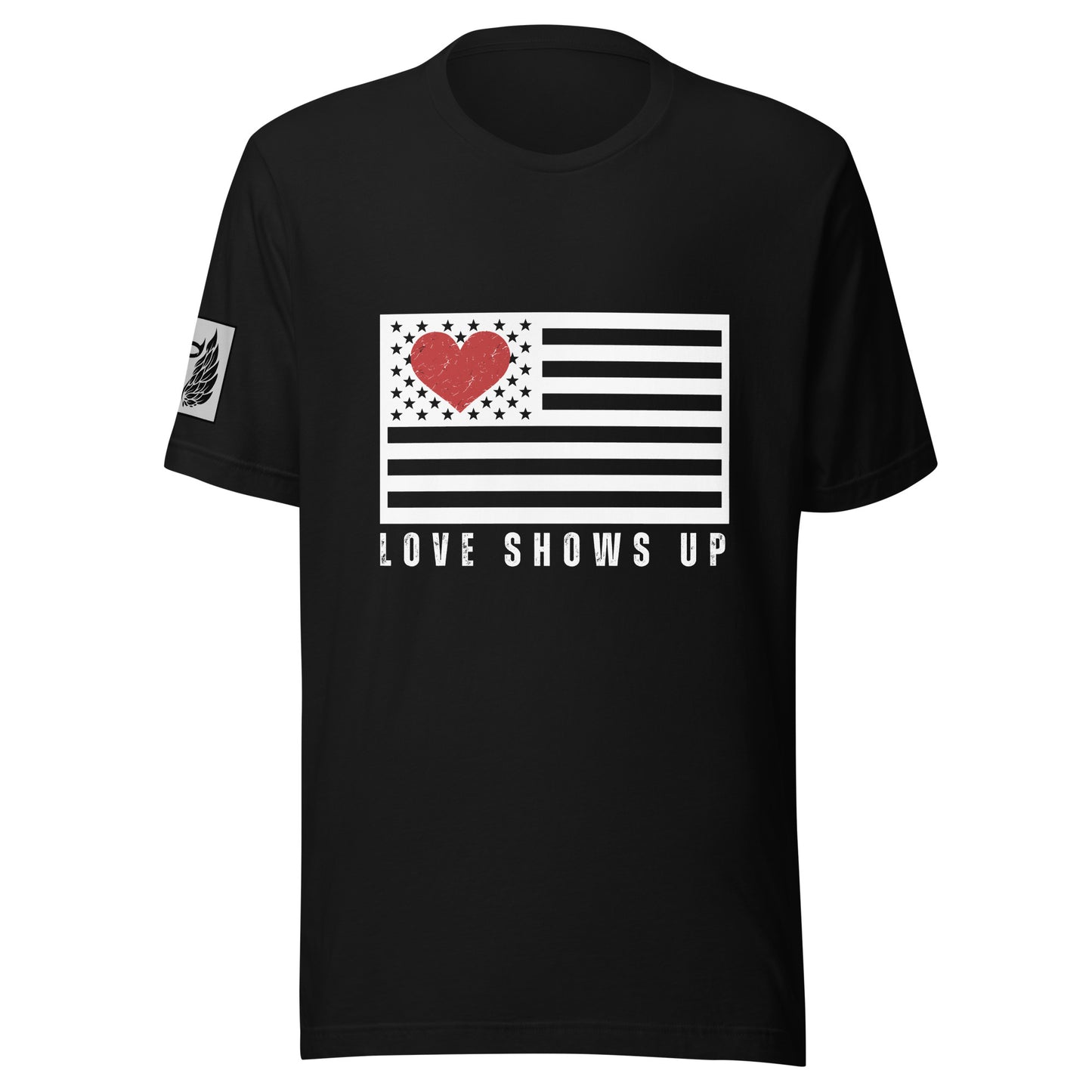 Black LOVE SHOWS UP fundraising shirt for Hurricane Helene and Milton victims.Unisex t-shirt