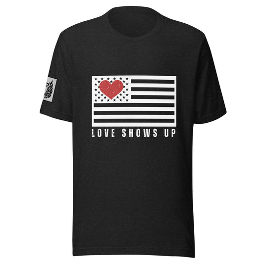 Black LOVE SHOWS UP fundraising shirt for Hurricane Helene and Milton victims.Unisex t-shirt