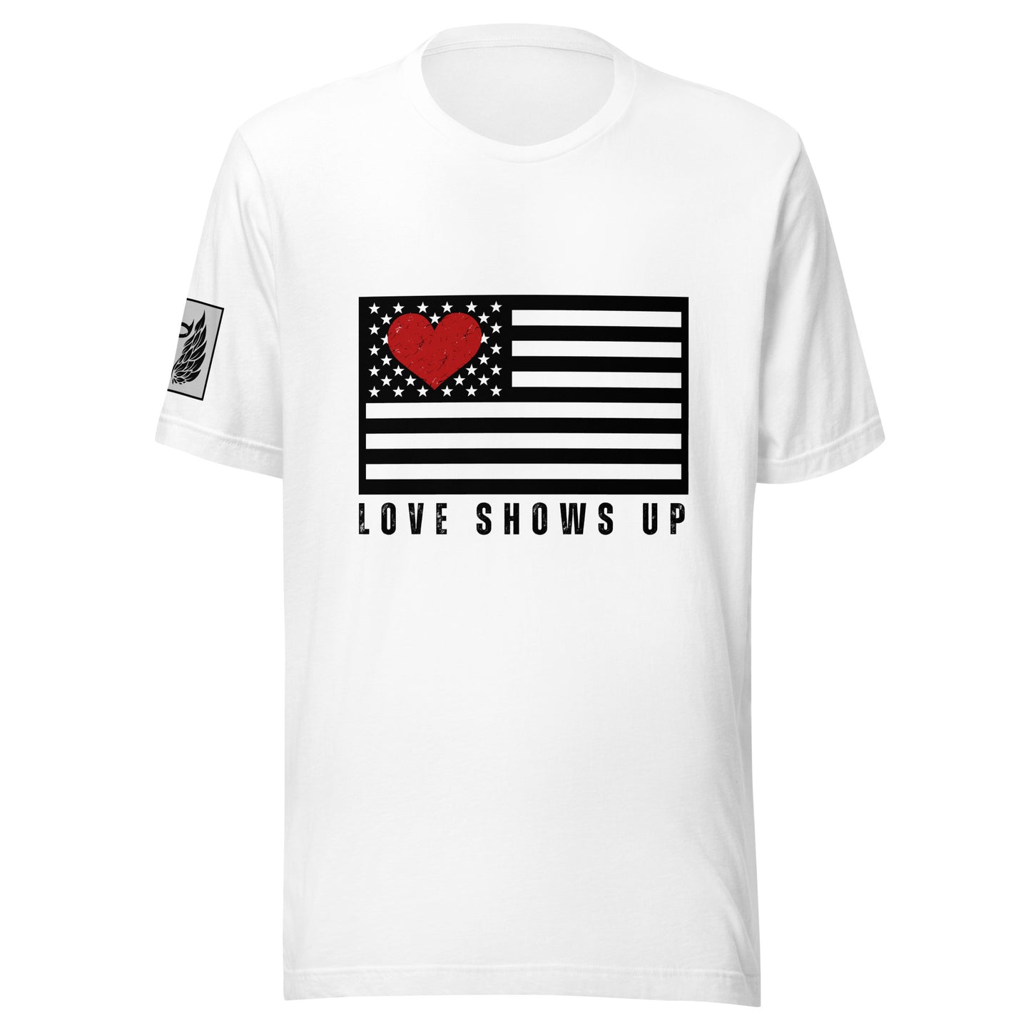 White LOVE SHOWS UP fundraising shirt for Hurricane Helene and Milton victims.