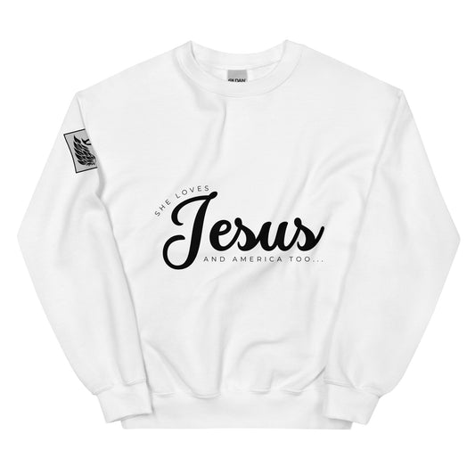 She Loves Jesus White Unisex Sweatshirt