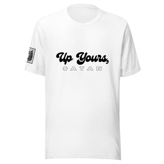 Up Yours, Satan White Unisex T-Shirt